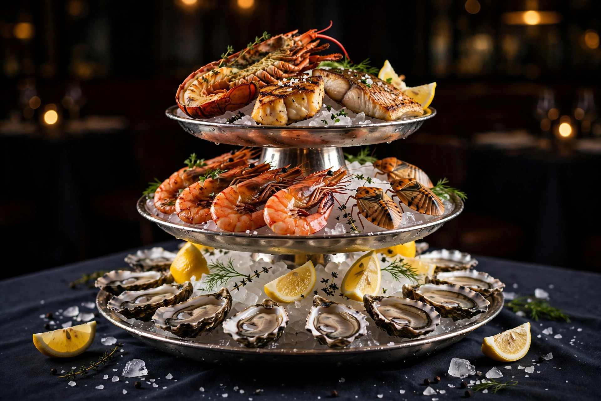 Seafood platter tower with lobster, prawns, bugs and oysters