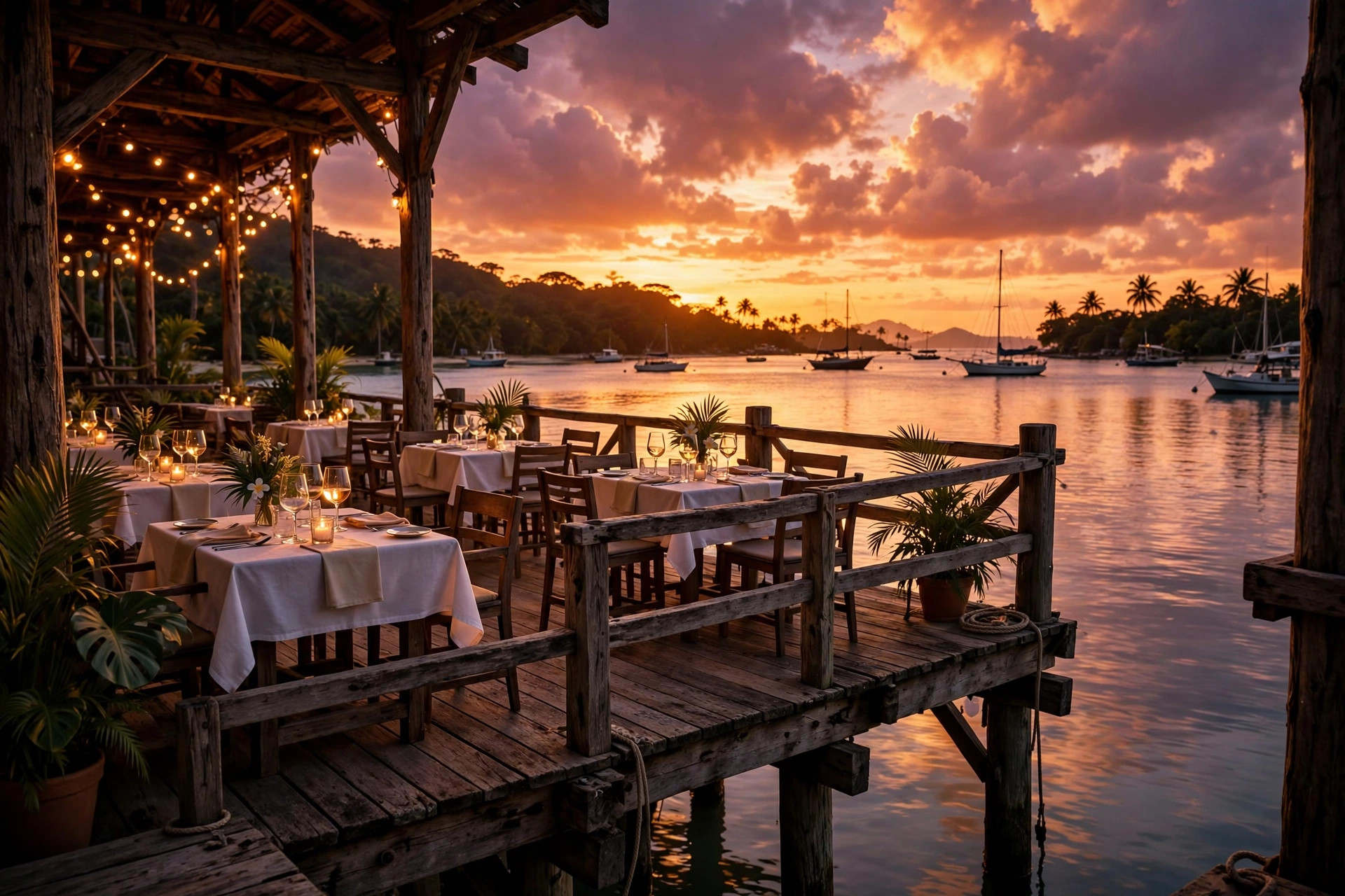 Dining deck on the wharf at sunset over the harbour